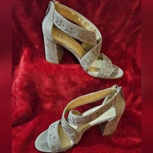 CL by Laundry Taupe Suede Block Heeled Sandals - Size 6.5